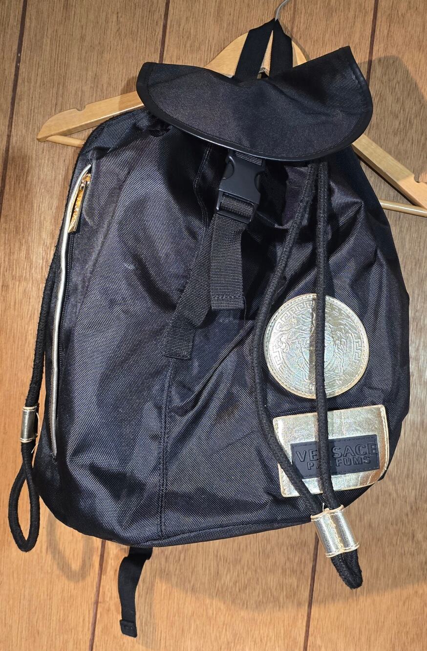 Versace Parfums Medusa Drawstring Backpack Black Gold Nylon Bag